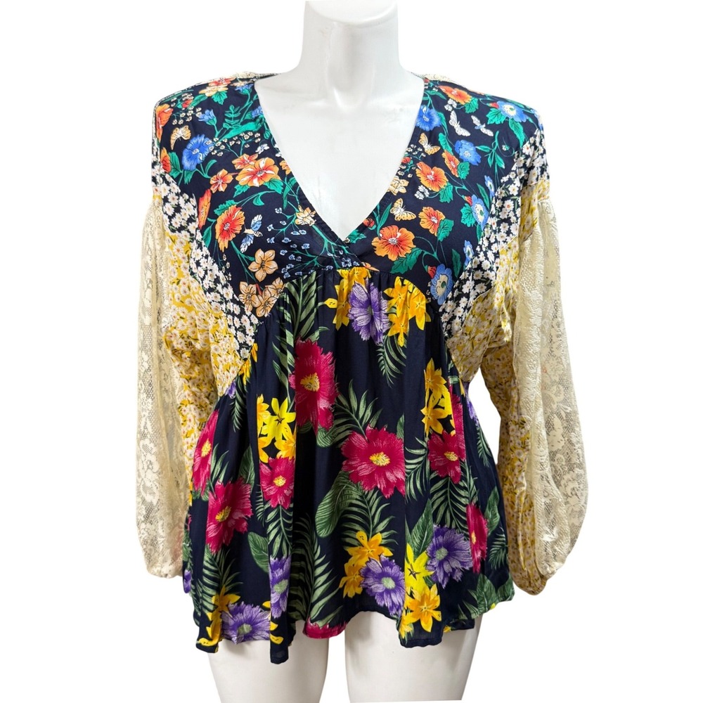 Umgee USA Floral Patchwork Lace Balloon Sleeve V-Neck Babydoll Top XL Boho